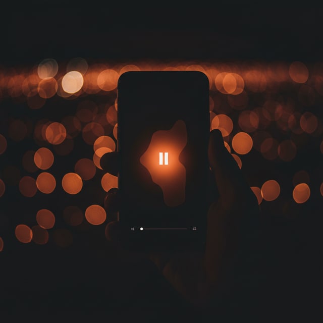 Smartphone con la app Latinos FM iluminado por luz cálida naranja